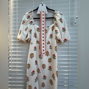 Antonio Melani- Blockprint Iris Floral Cream Dress with Red Accents